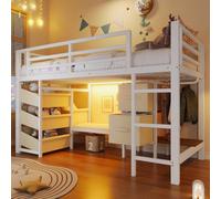 OKWISH Lit Mezzanine 90x200 cm - Lit Ado avec LED Intégrée, Tiroirs en Tissu et Crochets pour Vêtements, en Métal - Sans Matelas Blanc