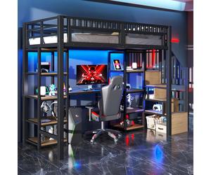 OKWISH Lit Mezzanine 90x200 cm - Lit Ado Simple avec Bureau, Escalier Rangement et LED - Métal et MDF - sans Matelas - Noir