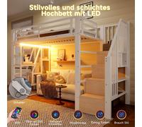 OKWISH Lit Mezzanine 90x200 cm - Lit Ado Simple avec Escalier Intégré, LED et Rangement Sous le Lit - MDF et Métal - sans Matelas - Blanc