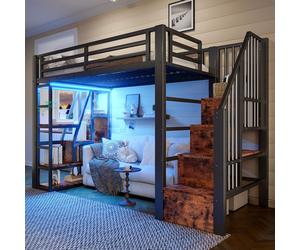 OKWISH Lit Mezzanine 90x200 cm - Lit Ado Simple avec Escalier Intégré, LED et Rangement Sous le Lit - MDF et Métal - sans Matelas - Noir