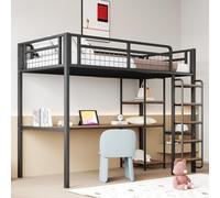 OKWISH Lit Mezzanine 90x200 cm - Lit Enfant avec Échelle Sécurisée et Bureau Intégré, Étagères Multifonction, Lit Simple, Noir, Sans Matelas