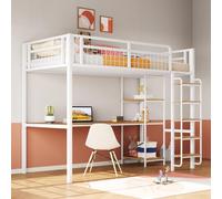 OKWISH Lit Mezzanine 90x200 cm - Lit Enfant avec Échelle Sécurisée et Bureau Intégré, Étagères Multifonction, Blanc, Sans Matelas
