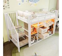 OKWISH Lit Mezzanine 90x200 cm, Lit Enfant avec Éclairage LED, Armoire Ouverte, Escalier et Barre de Sécurité - Sans Matelas - Blanc