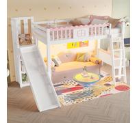 OKWISH Lit Mezzanine 90x200 cm - Lit Enfant avec Étagère et Toboggan, Éclairage LED Télécommandé, Sans Matelas, Pin Massif et MDF, Blanc