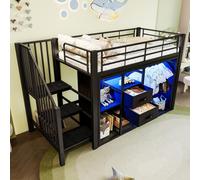 OKWISH Lit Mezzanine 90x200 cm, Lit Enfant Simple avec LED et 2 Tiroirs, Armoire Ouverte, Métal MDF, Sans Matelas, Noir