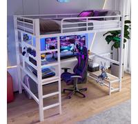 OKWISH Lit Mezzanine 90x200 cm - Lit Simple avec Bureau Intégré et Rangement, LED, sans Matelas, en Métal Et MDF, Blanc