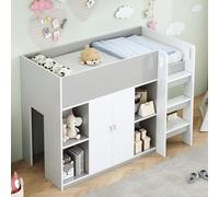 OKWISH Lit Mezzanine 90x200 cm - Lit Simple avec Rangement et Échelle, Placard Intégré, Pin Massif et MDF, Sans Matelas - Gris