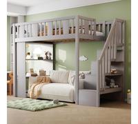 OKWISH Lit Mezzanine 90x200 cm - Lit Simple avec Rangement et Échelle, Tiroirs Intégrés, Pin Massif et MDF, Sans Matelas - Gris
