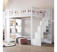 OKWISH Lit Mezzanine 90x200 cm - Lit Simple avec Rangement et Échelle, Tiroirs Intégrés, Pin Massif et MDF, Sans Matelas - Blanc