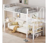 OKWISH Lit Mezzanine 90x200 cm - Lit Simple Enfant Adulte avec Escalier et Grand Rangement Ouvert - Structure Métal et Bois - Sans Matelas - Blanc