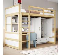 okwish Lit mezzanine 90x200 cm, sans matelas, lit pour jeunes avec armoire et tiroirs, bureau et plusieurs compartiments – couleur bois