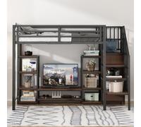 OKWISH Lit Mezzanine 90x200 Métal Enfant avec Support TV, Rangement Intégré et Escalier Sécurisé, Prises Électriques Intégrées - Noir - Sans Matelas