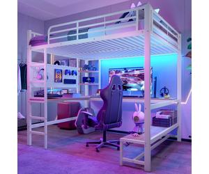 OKWISH Lit Mezzanine Ado 140x200 cm avec Bureau Intégré et Étagères Multifonctions, LED et Prise USB, Métal et MDF - Blanc