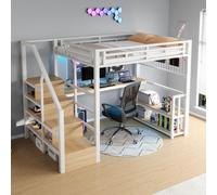 OKWISH Lit Mezzanine Adulte 140x200 cm - avec Bureau, Rangement et LED - sans Matelas - Métal - Blanc