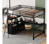 OKWISH Lit Mezzanine Double 140x200 cm - Avec Bureau en L et Rangements Intégrés - Métal et MDF - Sans Matelas - Noir