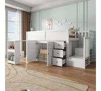 OKWISH Lit Mezzanine Enfant 90×200 cm avec Bureau Coulissant et Armoire - Lit Combiné Multifonction en MDF - Sans Matelas - Blanc