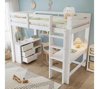 OKWISH Lit Mezzanine Enfant 90x200 cm avec Bureau, Tiroirs et Étagères, Pin et MDF, Blanc - Sans Matelas
