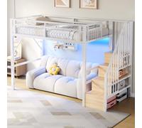OKWISH Lit Mezzanine Enfant 90x200 cm - avec Éclairage LED et Escalier de Rangement - sans Matelas - Métal - Blanc