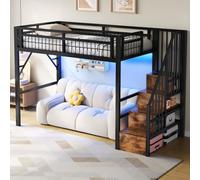 OKWISH Lit Mezzanine Enfant 90x200 cm - avec Éclairage LED et Escalier de Rangement - sans Matelas - Métal - Noir