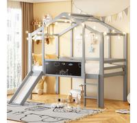 OKWISH Lit Mezzanine Enfant 90x200 cm, Avec Toboggan et Échelle Large, Espace De Jeu Et Tableau À Gribouiller, Bois Massif - Sans Matelas - Gris