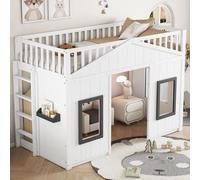 OKWISH Lit Mezzanine Enfant 90x200 cm - Lit avec Échelle, Protection Anti-Chute, Fenêtres et Design en Bois, Blanc - Sans Matelas