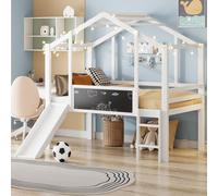 OKWISH Lit Mezzanine Enfant 90x200 cm, Lit Mezzanine Avec Toboggan et Échelle Sécurisée, Bois Massif, Tableau à Gribouiller, Blanc - Sans Matelas