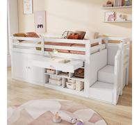 OKWISH Lit Mezzanine Enfant 90x200 - Lit Combiné avec Escalier Réversible et Tiroirs - Rangement Intégré - Bois MDF - Sans Matelas - Blanc