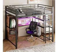 OKWISH Lit Mezzanine Métal 140x200 cm avec Bureau et Tiroir - Lit Ado/Enfant avec LED et Barrière de Sécurité - Sans Matelas - Noir