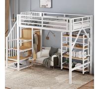OKWISH Lit Mezzanine Métal 90x200 cm - Avec Escalier de Rangement et Étagères Intégrées - Lit Gain de Place en Métal et MDF - Sans Matelas - Blanc+Naturel