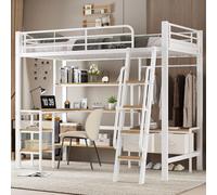 OKWISH Lit Mezzanine Métal 90x200 cm - Avec Escalier Incliné 4 Marches et Coffres Tissu - Gain de Place Robuste en MDF - Sans Matelas - Blanc+Naturel