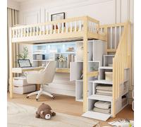 okwish Lit mezzanine multifonction 90 x 200 cm pour jeunes avec éclairage LED et échelle avec étagères, lit en bois avec bureau et grand placard, avec compartiments – blanc + naturel