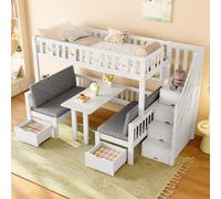 okwish Lit mezzanine pour enfants 90 x 200 cm avec échelle de rangement, lit pour jeunes 2-en-1 avec bureau, cadre de lit en bois avec coussins épais gris, sans matelas