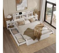 OKWISH Lit pour adolescents 140×200 cm avec étagères et double port de charge, lit en bois avec 2 tables de chevet coulissantes et tiroirs, blanc (sans matelas)