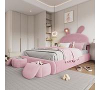 OKWISH Lit Simple 140x200 cm - Lit Enfant Rembourré Avec Oreilles De Lapin Et Bandes Lumineuses, 2 Tabourets De Rangement, Velours, Sans Matelas, Rose