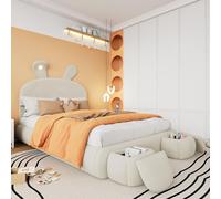 OKWISH Lit Simple 140x200 cm - Lit Enfant Rembourré Avec Oreilles De Lapin Et Bandes Lumineuses, 2 Tabourets De Rangement, Velours, Sans Matelas, Blanc