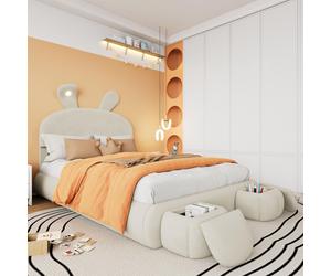OKWISH Lit Simple 140x200 cm - Lit Enfant Rembourré Avec Oreilles De Lapin Et Bandes Lumineuses, 2 Tabourets De Rangement, Velours, Sans Matelas, Blanc