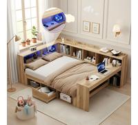 okwish Lit simple 140x200 lit enfant avec éclairage LED et USB canapé-lit avec bureau et tiroirs cadre de lit avec espace de rangement ouvert aspect naturel (sans matelas)