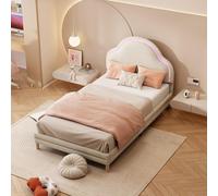 OKWISH Lit simple 90x200 cm capitonné avec LED et Tête Nuage - Beige
