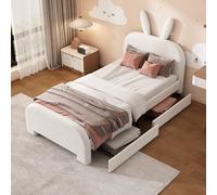 OKWISH Lit Simple 90x200 cm, Capitonné en Forme de Lapin avec 2 Tiroirs, Blanc