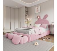 OKWISH Lit Simple 90x200 cm - Lit Enfant Rembourré Avec Oreilles De Lapin Et Bandes Lumineuses, 2 Tabourets De Rangement, Velours, Sans Matelas, Rose