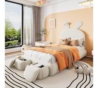OKWISH Lit Simple 90x200 cm - Lit Enfant Rembourré Avec Oreilles De Lapin Et Bandes Lumineuses, 2 Tabourets De Rangement, Velours, Sans Matelas, Beige