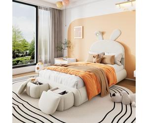 OKWISH Lit Simple 90x200 cm - Lit Enfant Rembourré Avec Oreilles De Lapin Et Bandes Lumineuses, 2 Tabourets De Rangement, Velours, Sans Matelas, Beige