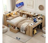 okwish Lit simple 90x200 lit enfant avec éclairage LED et USB canapé-lit avec bureau et tiroirs cadre de lit avec espace de rangement ouvert aspect naturel (sans matelas)