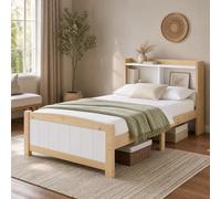 okwish Lit simple en bois massif, 90 x 200 cm, naturel/blanc, avec tête de lit, sommier à lattes et matelas à ressorts ensachés, pour chambre d'enfants, d'adolescents et d'amis