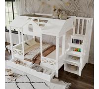 okwish Lit superposé 90/140x200cm avec 2 tiroirs sur roulettes, lit à étage avec maison de jeu et armoire escalier, blanc (sans matelas)