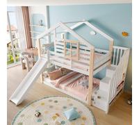 OKWISH Lit superposé 90×200 avec toboggan et escalier, lit pour enfants en bois massif avec espace de rangement, lit double en blanc, sans matelas
