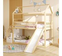 OKWISH Lit superposé 90×200 cm avec échelle de rangement et toboggan, design à garde-corps haut, cadre en bois massif, sans matelas, finition bois naturel
