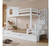 okwish Lit superposé 90x200 cm avec 2 tiroirs, lit enfant en bois avec armoire d’angle et fenêtre, lit pour jeunes avec rangement, sans matelas – blanc + bois naturel