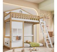 okwish Lit superposé 90x200 cm avec protection anti-chute, lit cabane pour enfant avec barrières, toit et fenêtre, pin + MDF, blanc