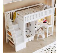 OKWISH Lit Superposé 90x200 cm - Lit Enfant avec Escalier de Rangement et Bureau Intégré, Armoire et Tiroirs - Bois + MDF + Contreplaqué - Blanc